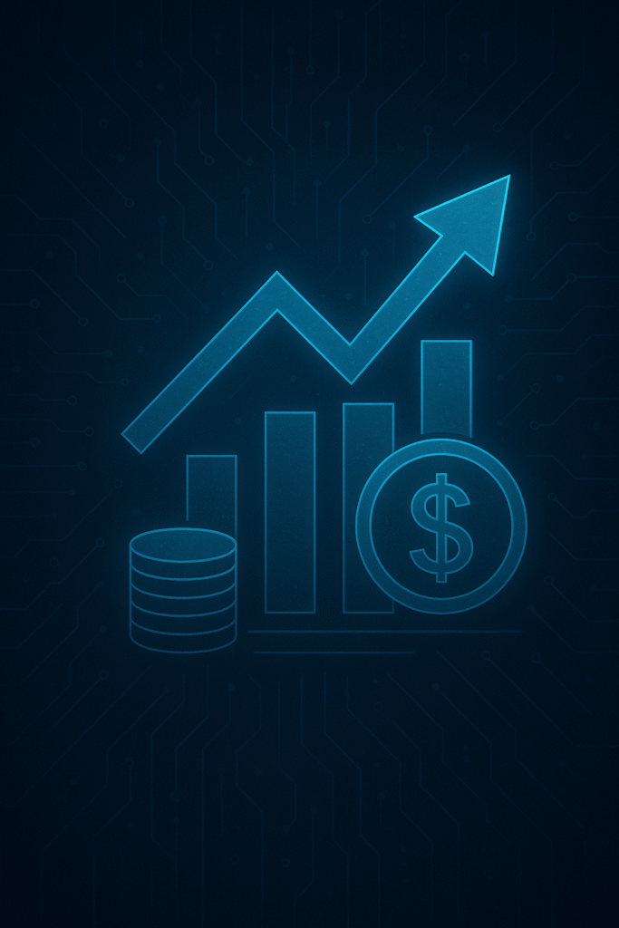 Futuristic neon blue illustration of rising bar charts, coins, and a dollar sign on a dark circuit background, symbolizing finance and investing growth.