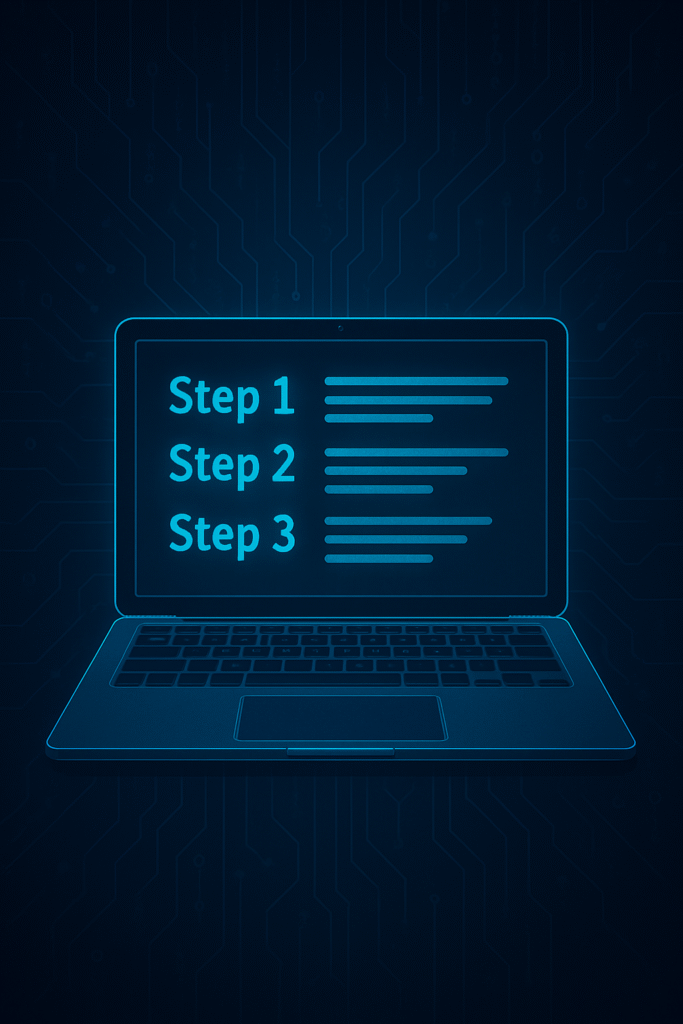 Futuristic digital illustration of a glowing laptop on a dark blue circuit background, displaying a holographic step-by-step tutorial interface.