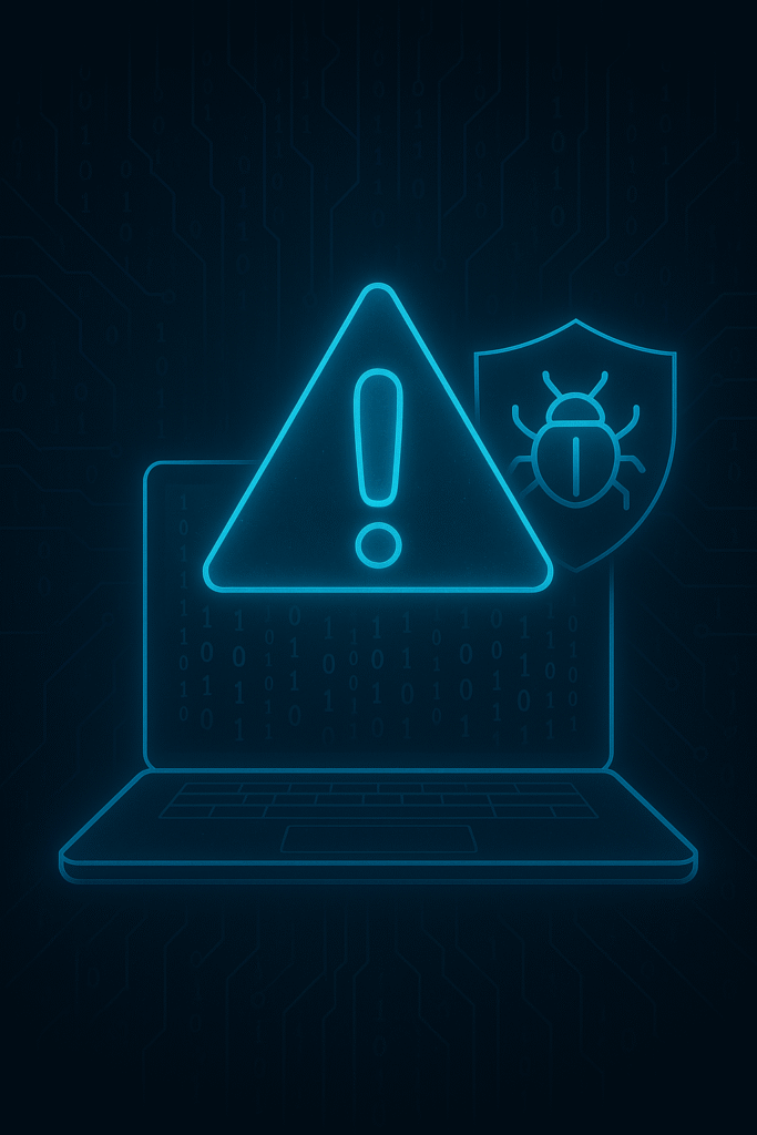 Futuristic neon blue illustration of a glowing warning triangle with an exclamation mark, a shield with a bug icon, and a laptop on a dark circuit background.
