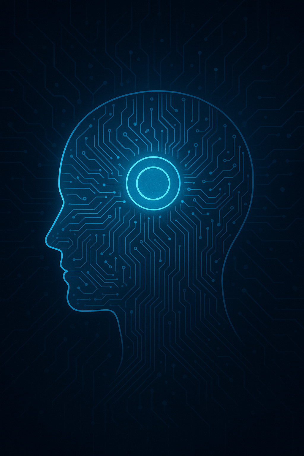 Futuristic illustration of a human head outlined with glowing circuits and a digital neural core, symbolizing technology and artificial intelligence.