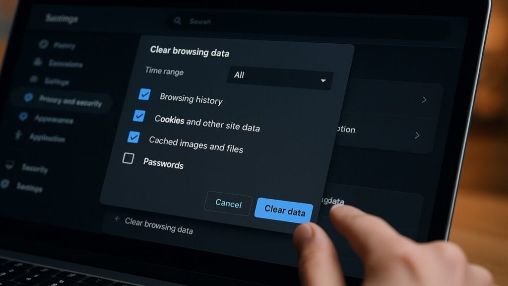 Close-up of a person’s hand about to click the ‘Clear data’ button in a web browser’s dark mode settings, with options to delete browsing history, cookies, and cached files visible on a laptop screen.
