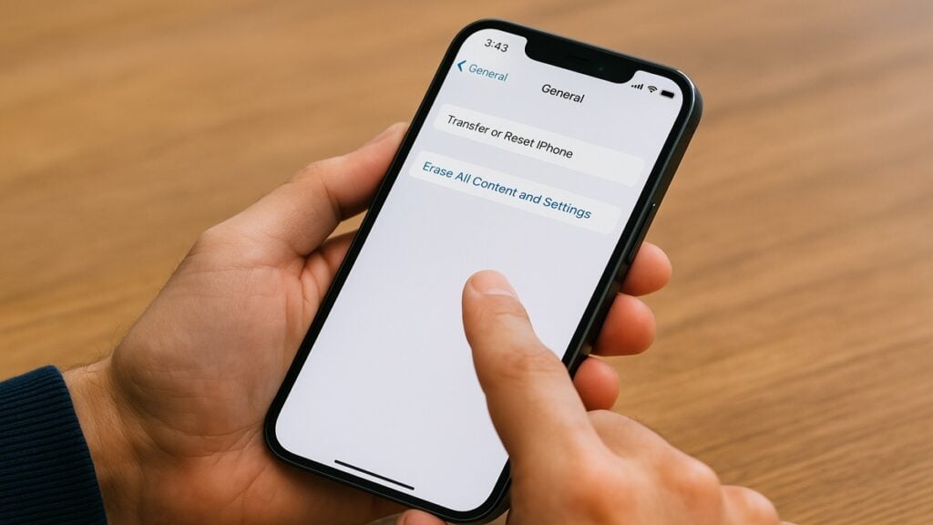 A close-up of a person holding an iPhone, with their finger hovering over the “Erase All Content and Settings” option in the Settings app, preparing to factory reset the device on a wooden desk background.