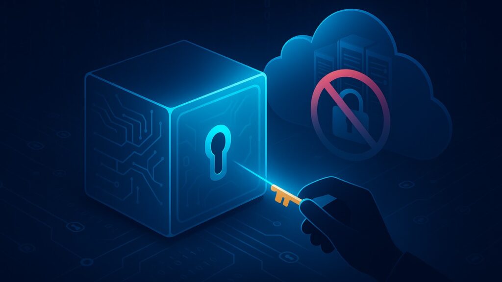 Glowing data vault and user key; cloud with “no entry” lock illustrates zero-knowledge, user-only decryption.